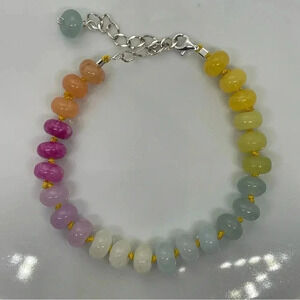 Rainbow Beaded Hand Knotted Bracelet Sterling Silver Silk Crystal Quartz Ombré